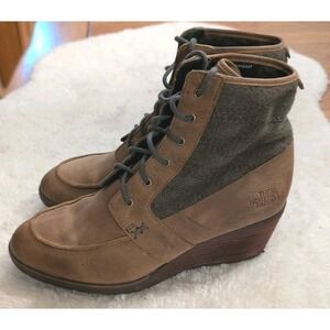 The North Face Bridgeton Wedge Boots Brown Leather Gray Fabric Women's Sz 9M GUC